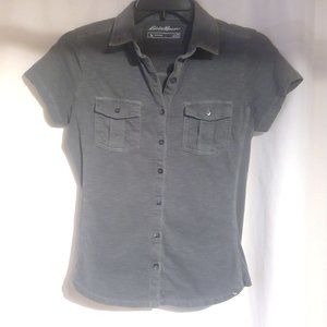 Eddie Bauer Petite Small Button-Down Short Sleeve Shirt Gray/Green